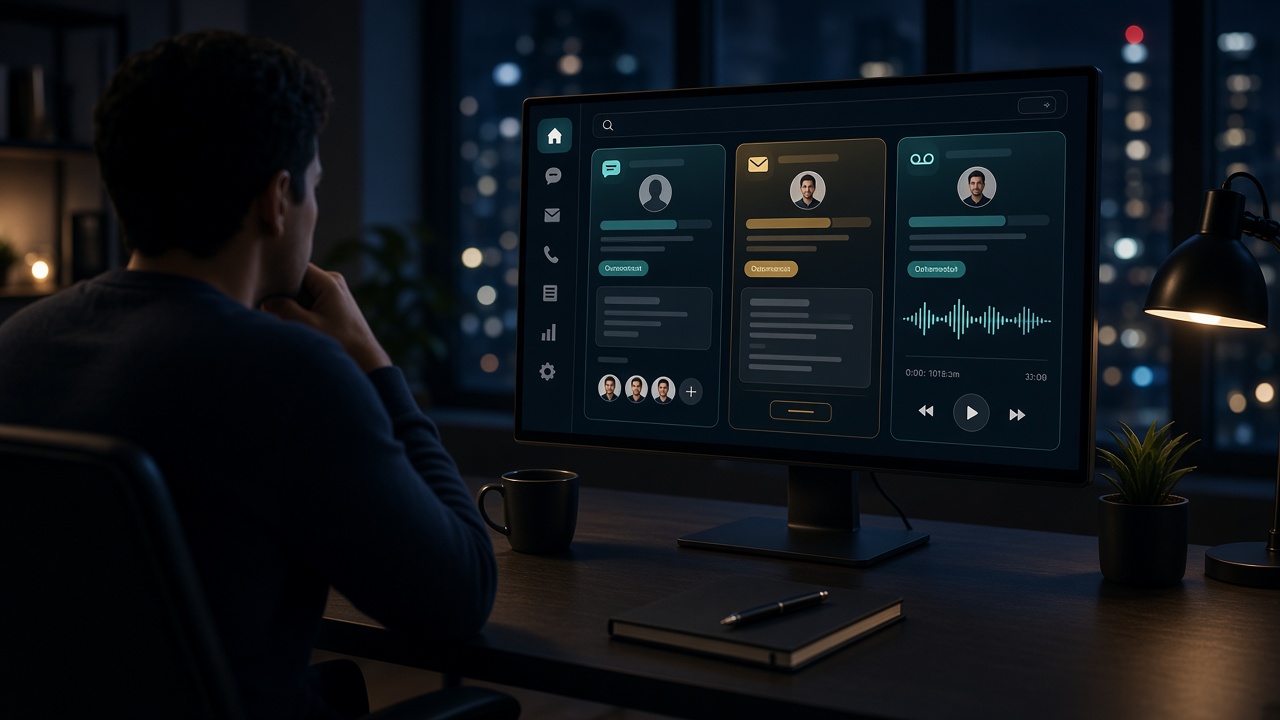 ALF operator desk at night with live message threads across three seats